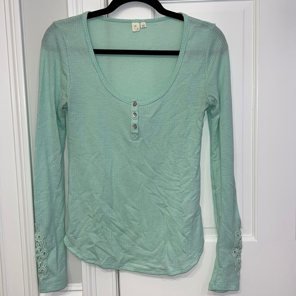 Anthropologie Eloise mint waffle knit crochet Henley long sleeve top